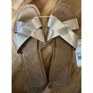Roxy sz 10 Women's Rose Gold Metallic Snake Print Slip On Slide Sandals Flats